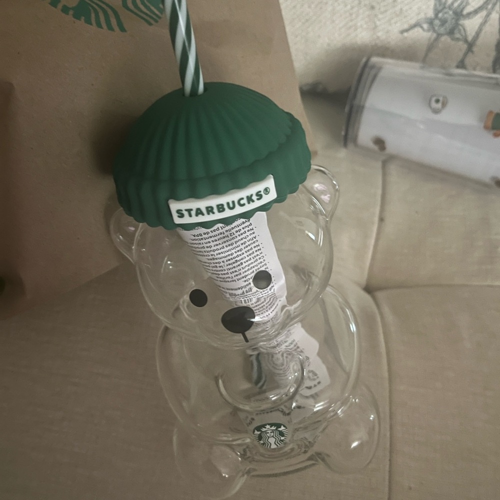 Starbucks Bear Glass Cup with Dark Green Lid